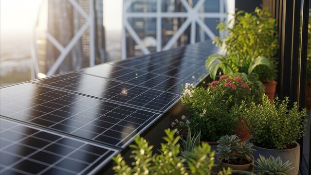 Solar panels installed on urban balcony with potted plants garden sustainable green energy apartment living