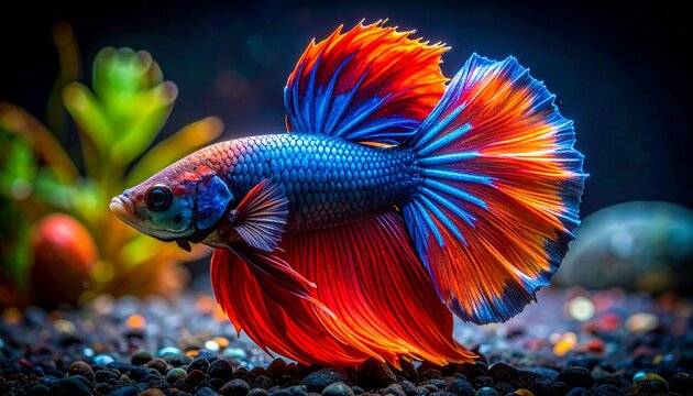 A stunning Siamese fighting fish swimming in a freshwater aquarium showcasing vibrant blue and orange flowing fins in a peaceful setting.