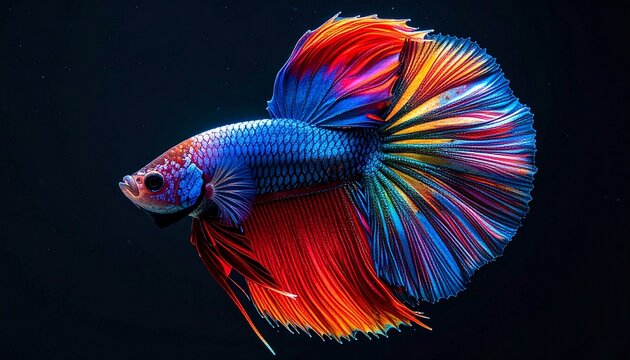 A stunning close up studio portrait of a vibrant Siamese fighting fish with long flowing fins glowing against a deep black background.
