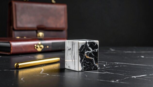 A luxury business desk setup featuring a black and white marble cube paperweight a gold metallic pen and leather office accessories on stone.