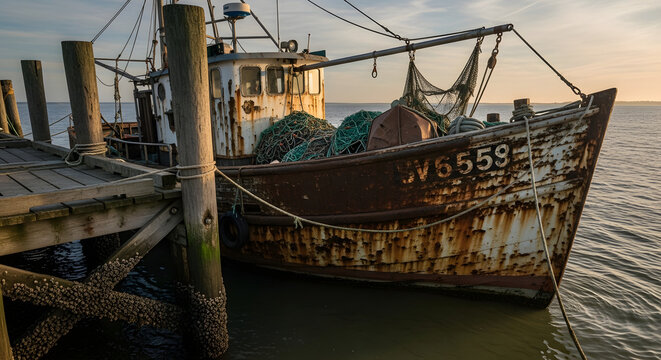 Rustic fishing boat docked at sunset with weathered hull