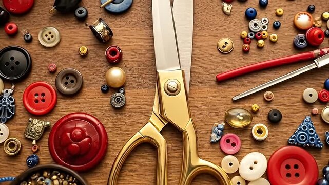 Artistic collection of sewing tools and colorful buttons on wooden surface.