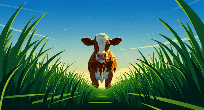 Brown and white cow standing in tall green grass under a clear sky. Stylized vector illustration of a young calf in a lush meadow. Agriculture concept ideal for dairy farm marketing.