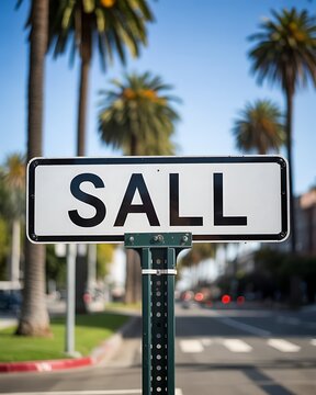 A white metal road sign with the word sall printed in black letters standing on a street with tall palm trees