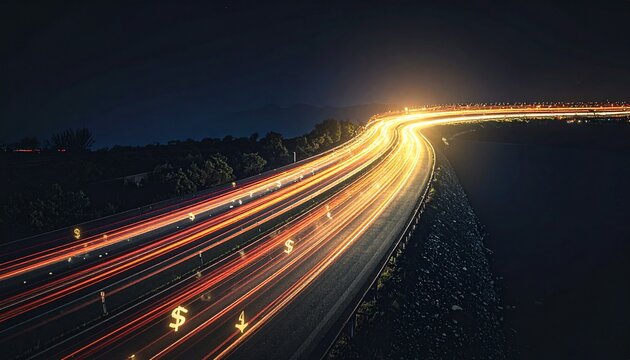 Nighttime highway traffic with glowing dollar symbols representing the rapid movement of global finance and economic market growth concepts.