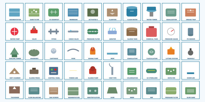 Water Treatment & Sanitation Infrastructure Icon Set, 50 Vector Icons for Wastewater, Filtration, Piping, Pumps, Tanks, Environmental Engineering Graphics