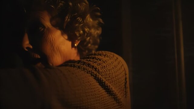 Elderly woman with wide eyes covers her mouth in fear, dramatic dim light, suspenseful moment
