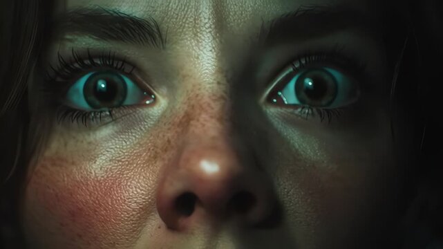 Close-up of scared young woman's face with wide green eyes, hand covering mouth, dramatic lighting