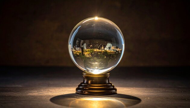 A glowing crystal ball resting on a wooden stand reflecting a landscape scene with soft golden light and deep shadows in a mystical setting.