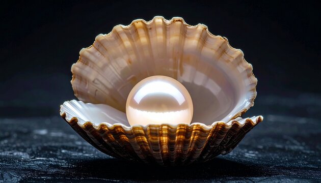 A beautiful glowing white pearl nestled inside an open sea scallop shell isolated on a dark background showing luxury and elegance concept.