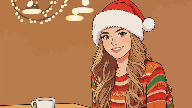 Cozy Christmas cafe scene with smiling young woman in holiday attire