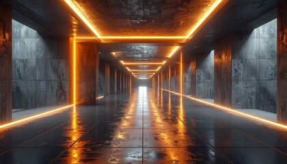 Fototapeta premium A futuristic dark architectural hallway featuring polished concrete surfaces and vibrant orange glowing neon strip lighting perspective view.