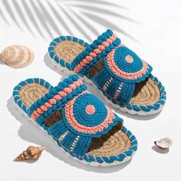 Handcrafted Crochet Espadrille Sandals with Teal and Coral Circular Patterns in a Beach Aesthetic