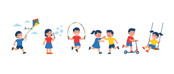 Happy Children Playing Outdoors Set, Group of Kids Activity Vector Illustration, Boys and Girls Jumping Rope, Flying Kite, Riding Scooter, Playing Swing and Blowing Bubbles, Joyful Childhood Concept A © Fernando