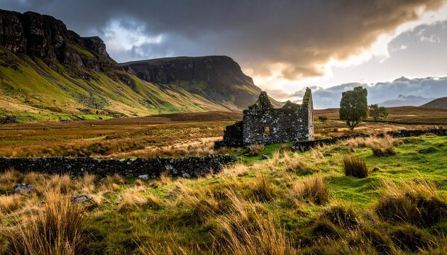 Stunning panoramic view of an abandoned stone cottage ruin situated in a wild green highland valley under a dramatic sunset cloud sky.