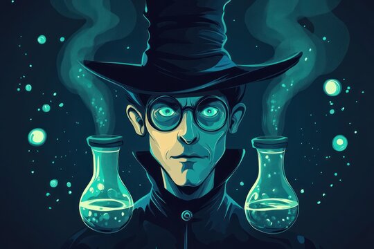 Cartoon-style mage with glasses, hat, and lab flasks emitting teal vapors on dark background