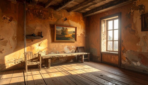 An old rustic room interior with weathered orange walls wooden floorboards and a painting bathed in warm golden afternoon sunlight rays.