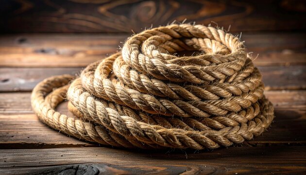 A thick rustic natural hemp rope coiled into a spiral shape resting on a weathered wooden surface with rich grain textures and deep shadows.