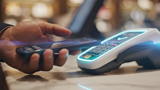 Contactless payment with smartphone card reader point of sale fintech mobile payment cashier terminal for secure contactless checkout warm retail