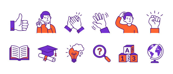 Fototapeta premium Education and Human Gestures Icon Set for Learning, School, and Professional Presentations, Featuring Colorful Vector Line Icons Representing Thinking, Success, Knowledge, and Global Communication Con
