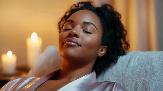 A plus-size woman sits comfortably in her home, relaxing. She closes her eyes and breathes deeply as candles glow around her. The soft light creates a cozy atmosphere for unwinding
