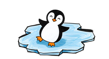 Obraz premium Cute cartoon penguin on ice floe with cheerful expression