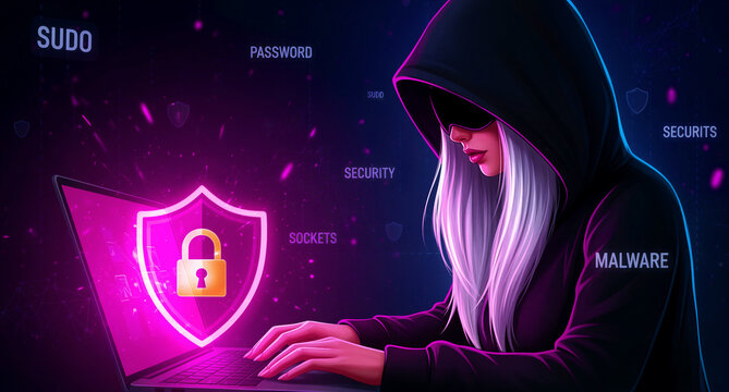 Female hacker in a hood using a laptop with a glowing security shield. Cybercriminal interacting with neon digital elements. Data protection concept for cybersecurity and internet safety ads.