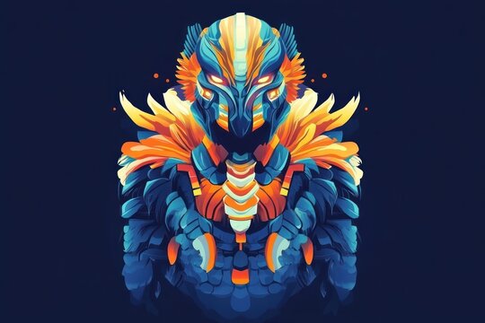 Digital art of a stylized alien warrior with vibrant blue, orange, and gold hues against a dark background
