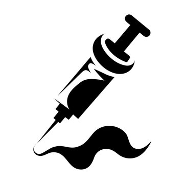 Medical syringe icon with liquid drop, black and white hypodermic needle vector, healthcare vaccination symbol for clinic signage and medical apps