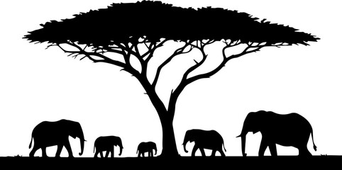 Silhouette of an Elephant Family and Acacia Tree in African Savanna Vector Illustration © Rezowan 