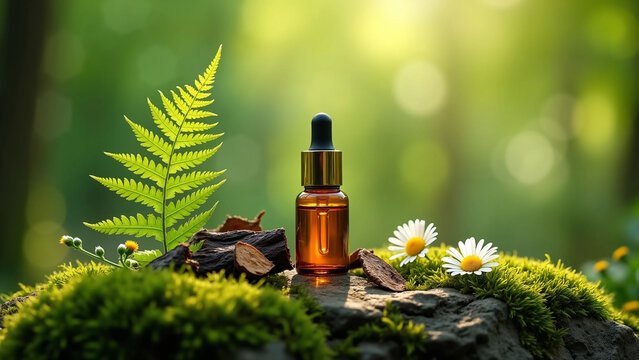 Natural Organic Essential Oil Dropper Bottle on Mossy Rock in Sunlit Forest with Fern and Flowers