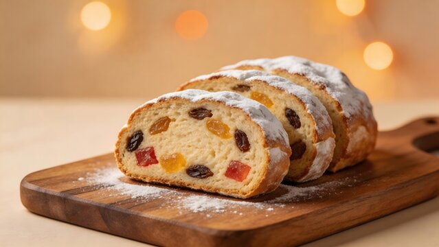 Sliced fruit bread on wooden board