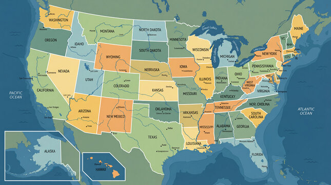 Colorful illustrated map of the United States with state names