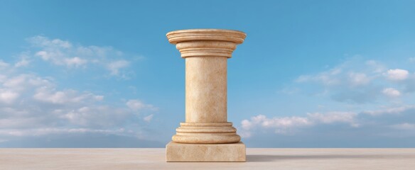 Naklejka premium beige sandstone column pedestal under a blue sky with fluffy clouds for stylish outdoor product showcase