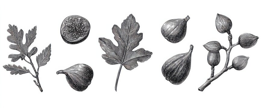 Elegant collection of fig branches and lush foliage hand drawn ink illustration for food menu.
