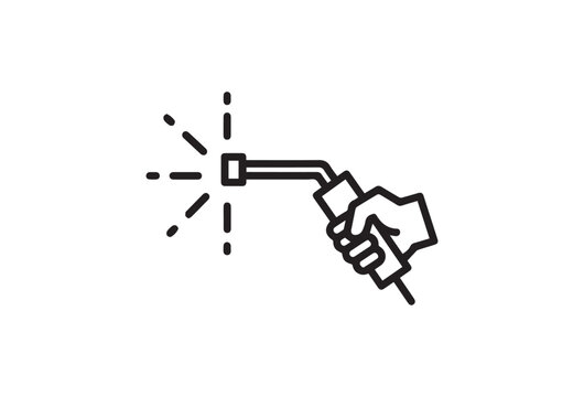 hand holding welding torch, spark, black line icon, industrial symbol, welding equipment