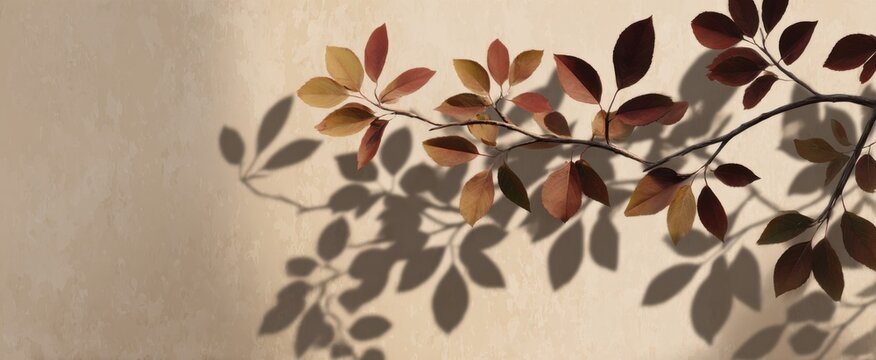 Leaves dance like whispers on a beige wall with window shadows in autumn sunlight.