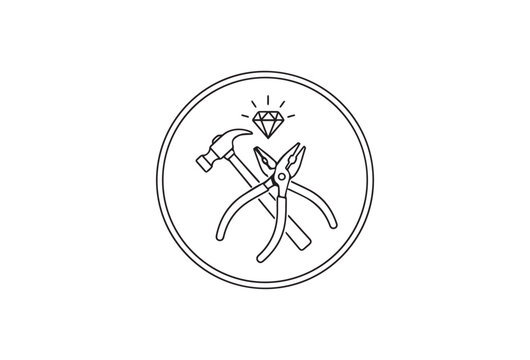 Jewelry making tools, crossed hammer, pliers and cutter, diamond icon, line art logo