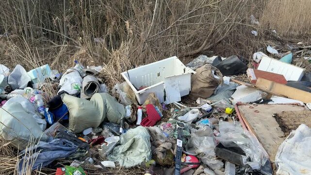 Spring roadside industrial waste mound, unauthorized dumping beside dried grass and cracked asphalt, scattered cardboard boxes