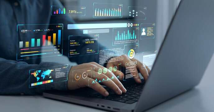  Management data System KPI connected in database for follow earnings,operations and sales data.	Businessman using KPI dashboard.Financial business data analytics graph dashboard.