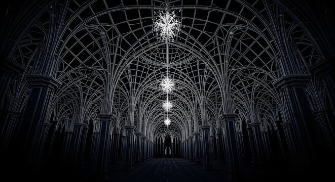 Dark cathedral interior with vaulted ceiling and pillars at night