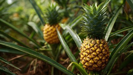 Obraz premium Fresh pineapple growing on plant in tropical farm, agriculture and organic farming concept