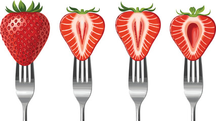 Fresh strawberries on forks collection vector illustration ripe red berry fruit slices isolated for food dessert and healthy design © Prodip