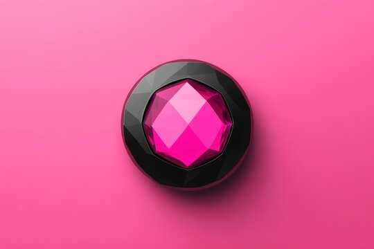 Close-up of a pink gem set inside a dark, geometric-shaped setting against a pink background
