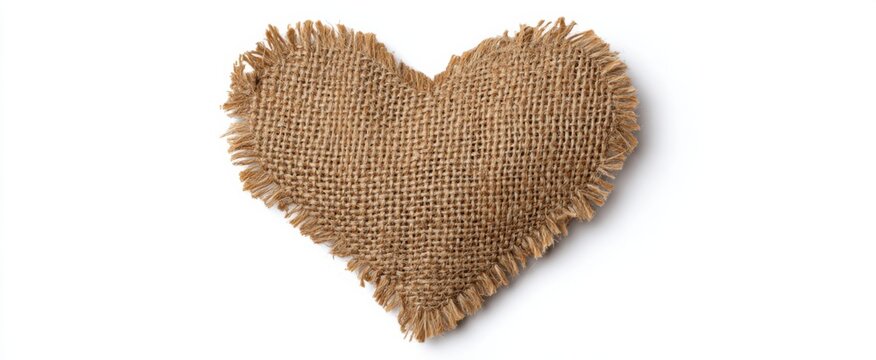 Frayed burlap fabric heart a rustic romantic touch floats like a cloud on white space.