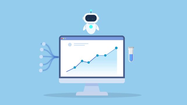 Animation of AI analytics dashboard with rising chart on monitor and audio data icon, representing sound data processing, insights, and performance tracking in a clean modern interface.
