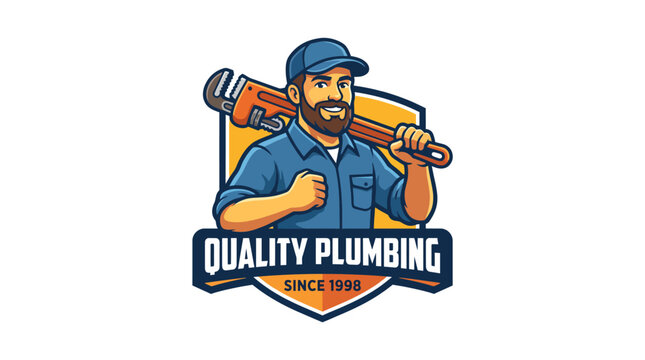 A vibrant and colorful logo design showcasing a plumber character holding a wrench, symbolizing trust and quality in plumbing services since 1998 for Quality Plumbing.