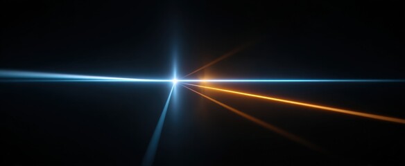 Naklejka premium Intersecting blue and orange laser beams emerge from a dark core in a stunning light installation.