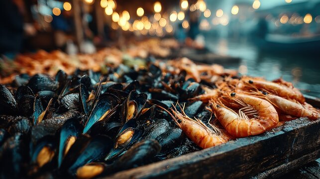 Steaming seafood feast displayed on a wooden cart, lights glow