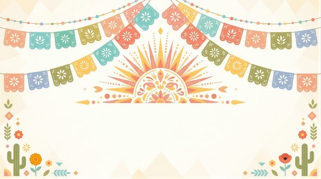 Colorful cinco de mayo background with festive papel picado bunting and sun illustration. Mexican cultural celebration card design with flower and cactus pattern. Holiday greeting decor.